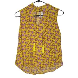Self Esteem Hippie Bright Yellow Sleeveless Blouse with Pink Flowers Size Medium